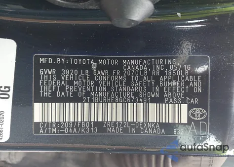 2016 Toyota Corolla Le from USA, damaged, VIN 2T1BURHE8GC673491